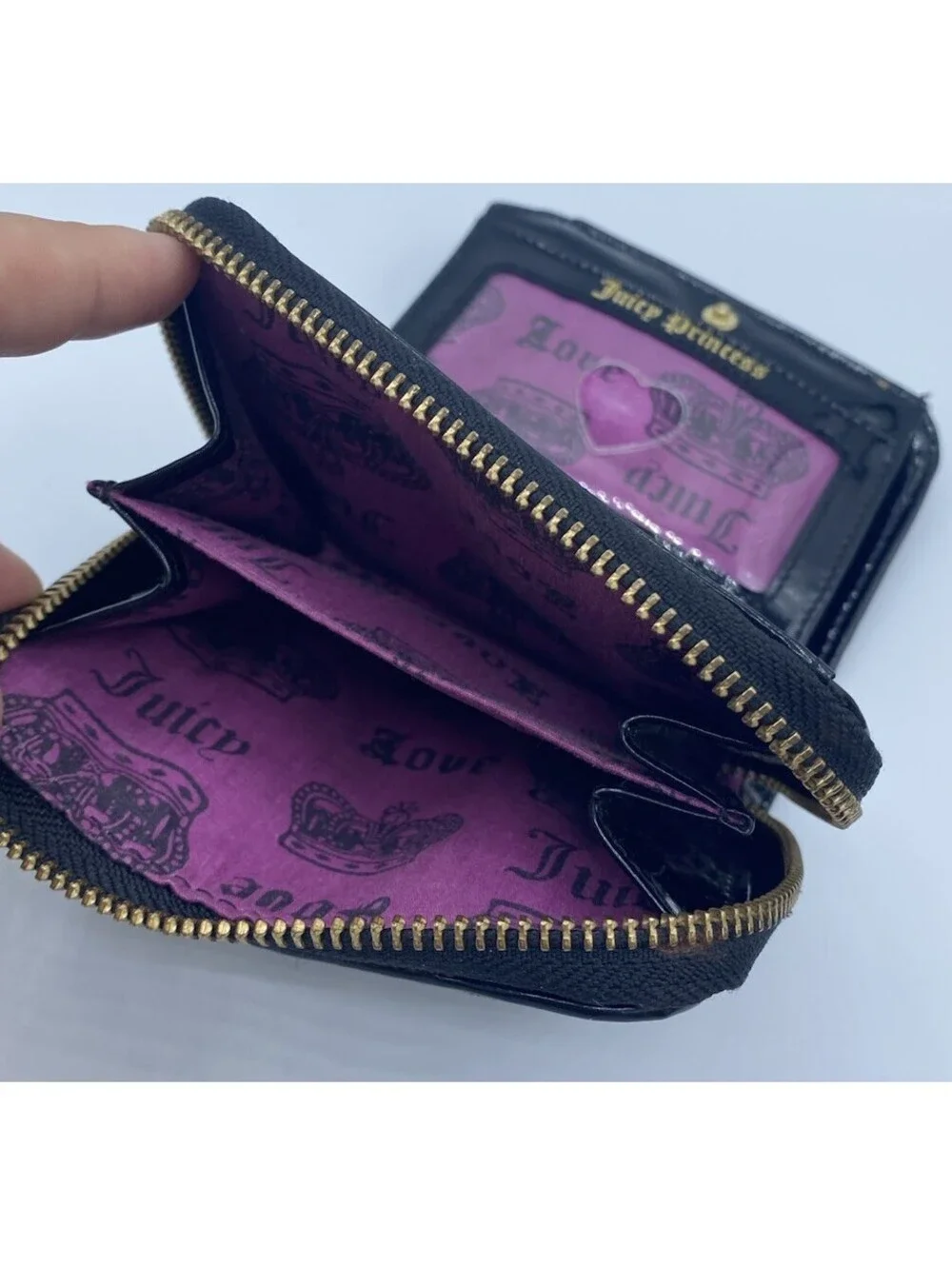 Juicy Couture Velour Wallet Black Pink Inside Logo Zip Card Holder Keychain Y2K